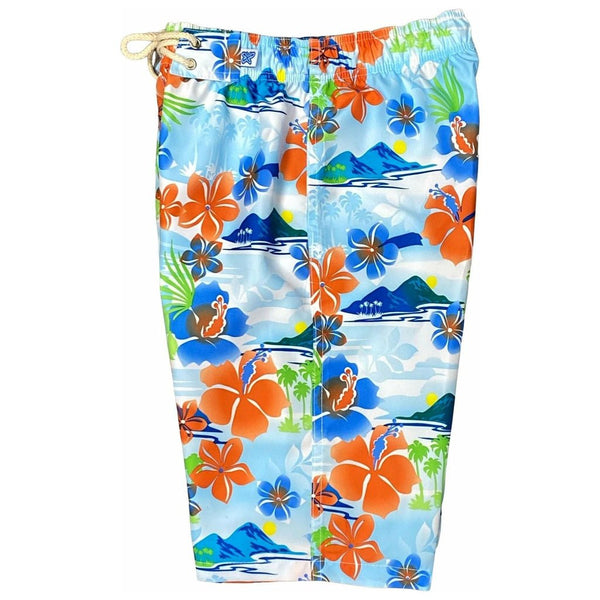 "2 Tickets to Paradise" (Orange) Womens Elastic Waist Swim Board Shorts. REGULAR Rise + 11" Inseam - Board Shorts World Outlet