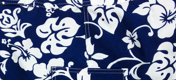 "Pure Hibiscus 5" Women's Back Pocket Board Shorts (Navy)