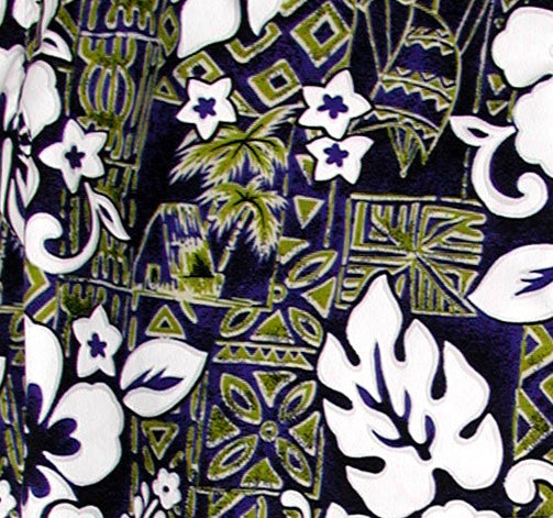 "Tiki Village" (Navy+Sage) 22"-27" Double Cargo Pocket Men's Board Shorts