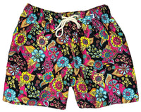 "Carnival" (Black) Women's Elastic Waist Swim Board Shorts. REGULAR Rise + 5" Inseam - Board Shorts World Outlet