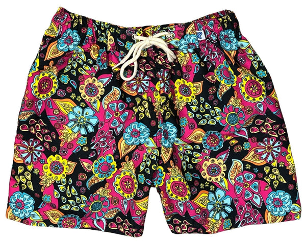 "Carnival" (Black) Women's Elastic Waist Swim Board Shorts. REGULAR Rise + 5" Inseam - Board Shorts World Outlet