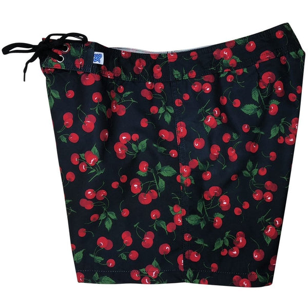 "Cherries" Print 5" Womens Back Pocket Board Shorts (Black OR White) - Board Shorts World Outlet