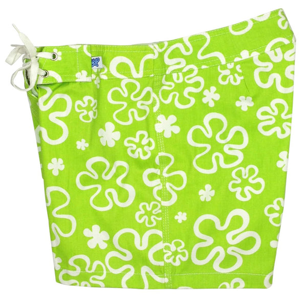 "Flower Power" 5" Women's 100% Cotton Back Pocket Board Shorts (Green) - Board Shorts World Outlet