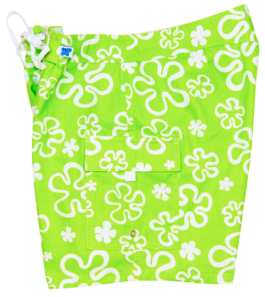 "Flower Power" (Green) 7" Women's 100% Cotton Cargo + Back Pocket Board Shorts - Board Shorts World Outlet