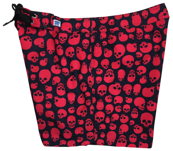 "Live to Ride" Skulls 5" Women's Back Pocket Board Shorts (Black + Red) - Board Shorts World Outlet