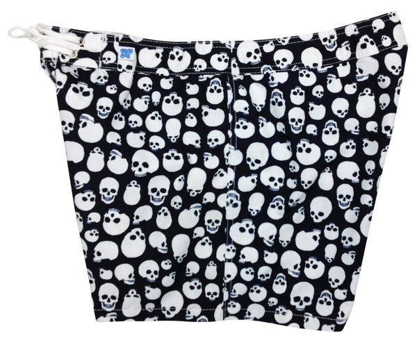 "Live to Ride" Skulls 5" Women's Back Pocket Board Shorts (Black + White) - Board Shorts World Outlet
