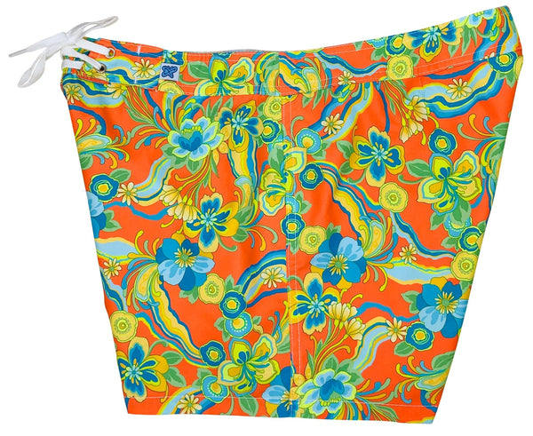 "Magic Bus" 5" Womens Back Pocket Board Shorts (Orange) - Board Shorts World Outlet