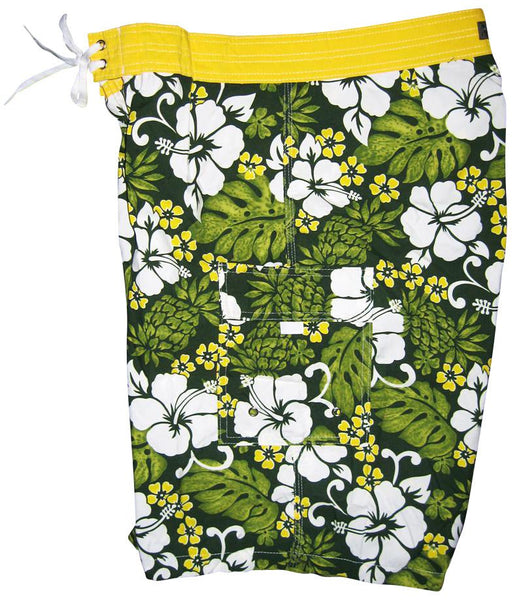 "Pina Colada" (Green+Yellow)) Double Cargo Pocket Men's Board Shorts - Board Shorts World Outlet