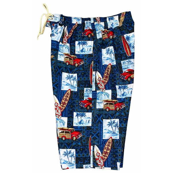 "Postcards" (Blue) 20"-27" Elastic Waist Board Shorts - Board Shorts World Outlet