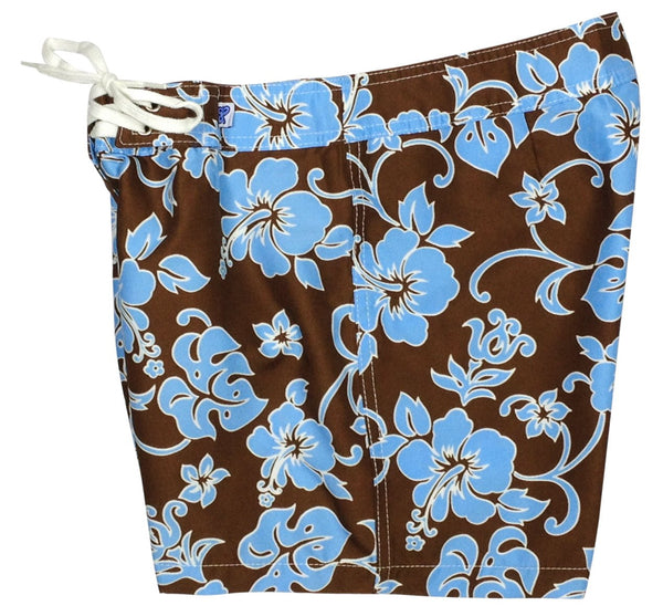 "Pure Hibiscus 5" Women's Back Pocket Board Shorts (Brown + Blue) - Board Shorts World Outlet