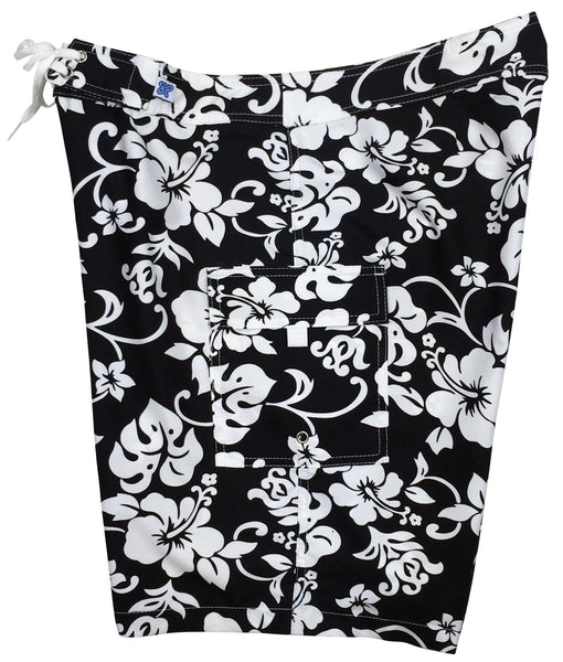 "Pure Hibiscus" (Black/White) Women's Board/Swim Shorts - 10.5" - Board Shorts World Outlet