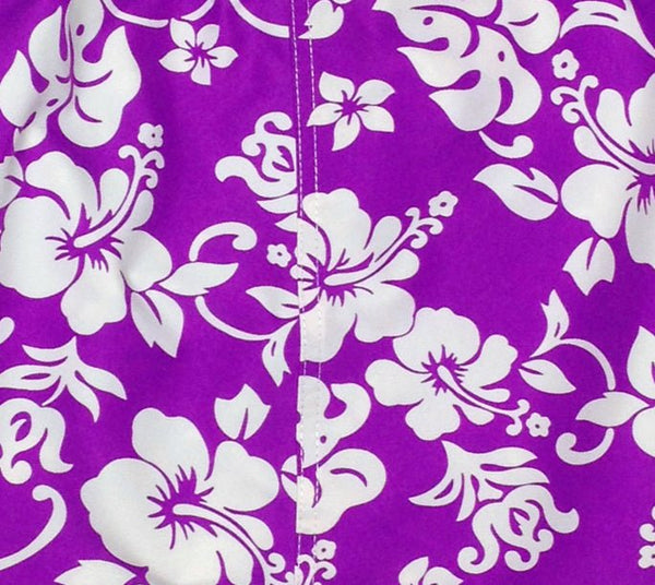 "Pure Hibiscus" (Purple) Women's Elastic Waist Swim Board Shorts. REGULAR Rise + 11" Inseam - Board Shorts World Outlet