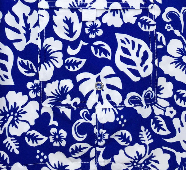 "Pure Hibiscus Too" (Royal) Women's Elastic Waist Swim Board Shorts. REGULAR Rise + 5" Inseam - Board Shorts World Outlet