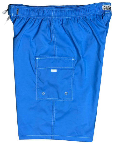 Solid Baby Blue Men's Elastic Waist Board Shorts w/ DOUBLE CARGO Pockets - Board Shorts World Outlet