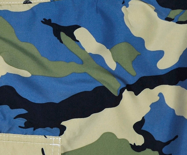 "Stealth Fanatic" (Sand + Baby Blue Camo) Women's Elastic Waist Swim Board Shorts. REGULAR Rise + 5" Inseam - Board Shorts World Outlet