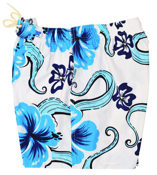 "Tail Spin" (White) Women's Elastic Waist Swim Board Shorts. REGULAR Rise + 5" Inseam - Board Shorts World Outlet