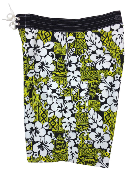 "Tiki Village" (Chartreuse) Double Cargo Pocket Men's Board Shorts - Board Shorts World Outlet