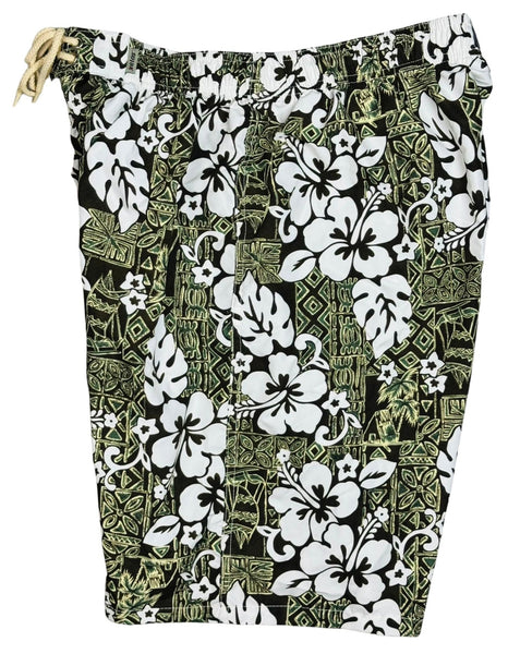 "Tiki Village" (Earth) 20" - 27" Elastic Waist Board Shorts - Board Shorts World Outlet