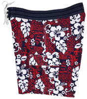 "Tiki Village" Mens Board Shorts - 7" Inseam (Red) - Board Shorts World Outlet