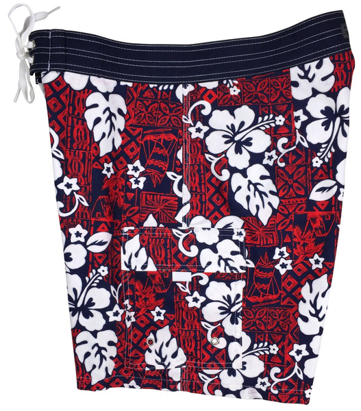 "Tiki Village" Mens Board Shorts - 7" Inseam (Red) - Board Shorts World Outlet