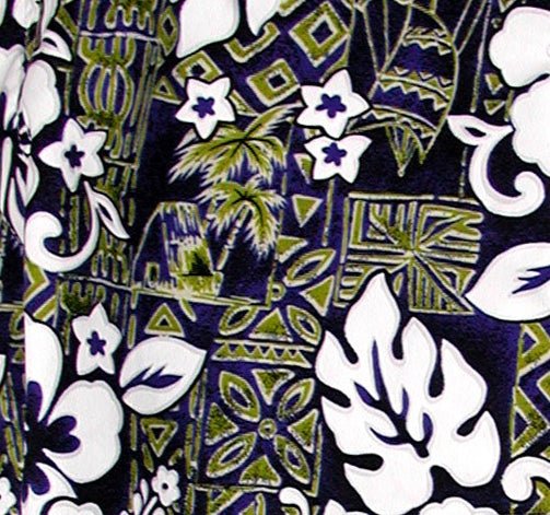"Tiki Village" (Navy + Sage) Women's Elastic Waist Swim Board Shorts. REGULAR Rise + 5" Inseam - Board Shorts World Outlet