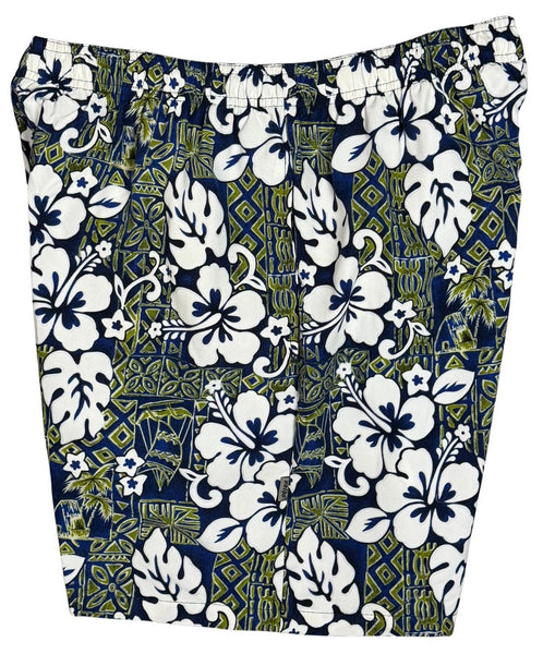 "Tiki Village" (Navy+Sage) Men's Swim Trunks (with mesh liner / side pockets) - 6.5" Mid Length - Board Shorts World Outlet