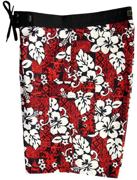 "Tiki Village" (Red) Double Cargo Pocket Men's Board Shorts - Board Shorts World Outlet