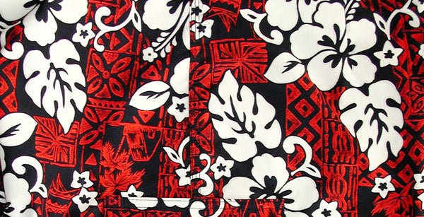 "Tiki Village" (Red) Women's Elastic Waist Swim Board Shorts. REGULAR Rise + 5" Inseam - Board Shorts World Outlet