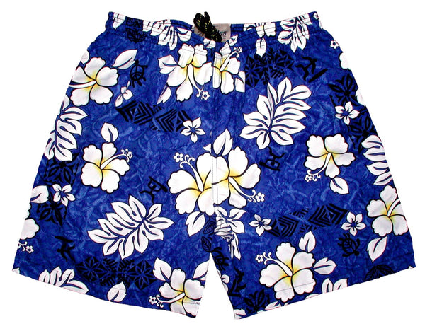 "Tribal Council" (Blue) Men's Swim Trunks (with mesh liner / side pockets) - 6.5" Mid Length - Board Shorts World Outlet