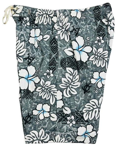 "Tribal Council" (Charcoal) Elastic Waist Board Shorts - 100% Cotton SZ XL/21" Outseam Only - Board Shorts World Outlet