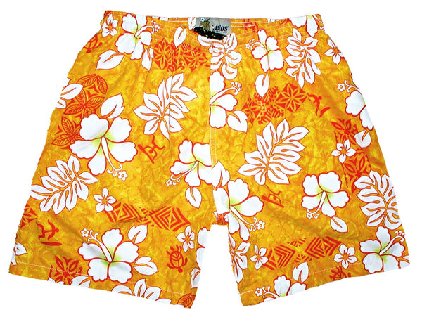 "Tribal Council" (Orange) Men's Swim Trunks (with mesh liner / side pockets) - 6.5" Mid Length - Board Shorts World Outlet