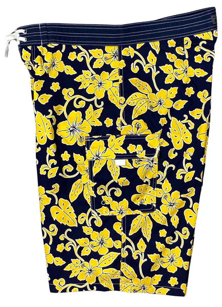 "Warming Trend" (Navy+Yellow) 24" Double Cargo Pocket Men's Board Shorts - Board Shorts World Outlet