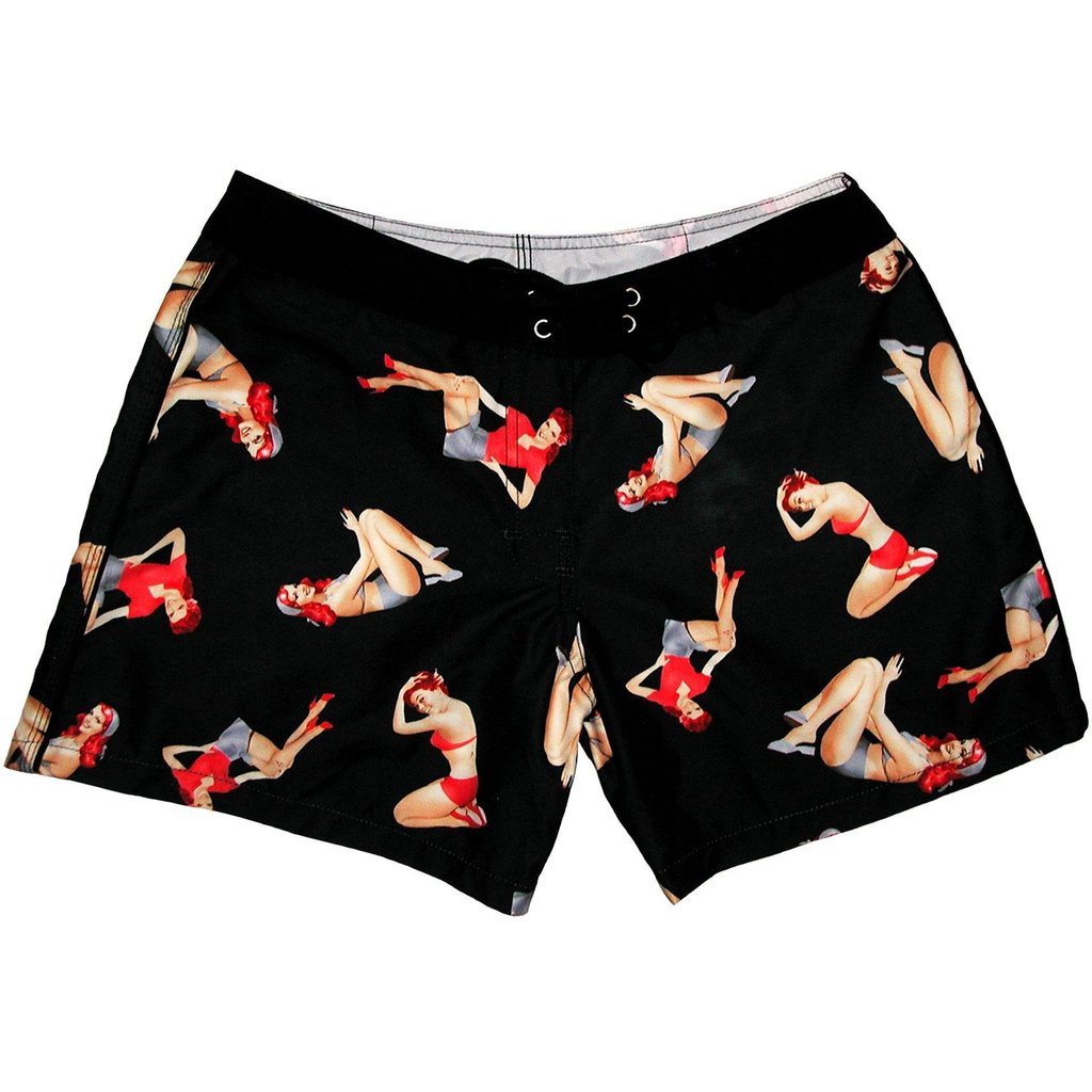 "Back Stage Pass" (Black OR Red) Pin-Up Girls 5" Womens Back Pocket Board Shorts - Board Shorts World Outlet