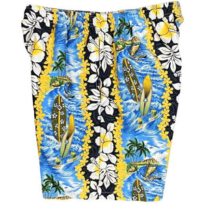 "Bonus Round" (Charcoal) Swim Trunks (with mesh liner / side pockets) - 6.5" Mid Length - Board Shorts World Outlet
