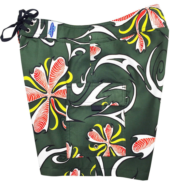 "Chicken Feet" 7" Womens Cargo + Back Pocket Board Shorts (Green) - Board Shorts World Outlet