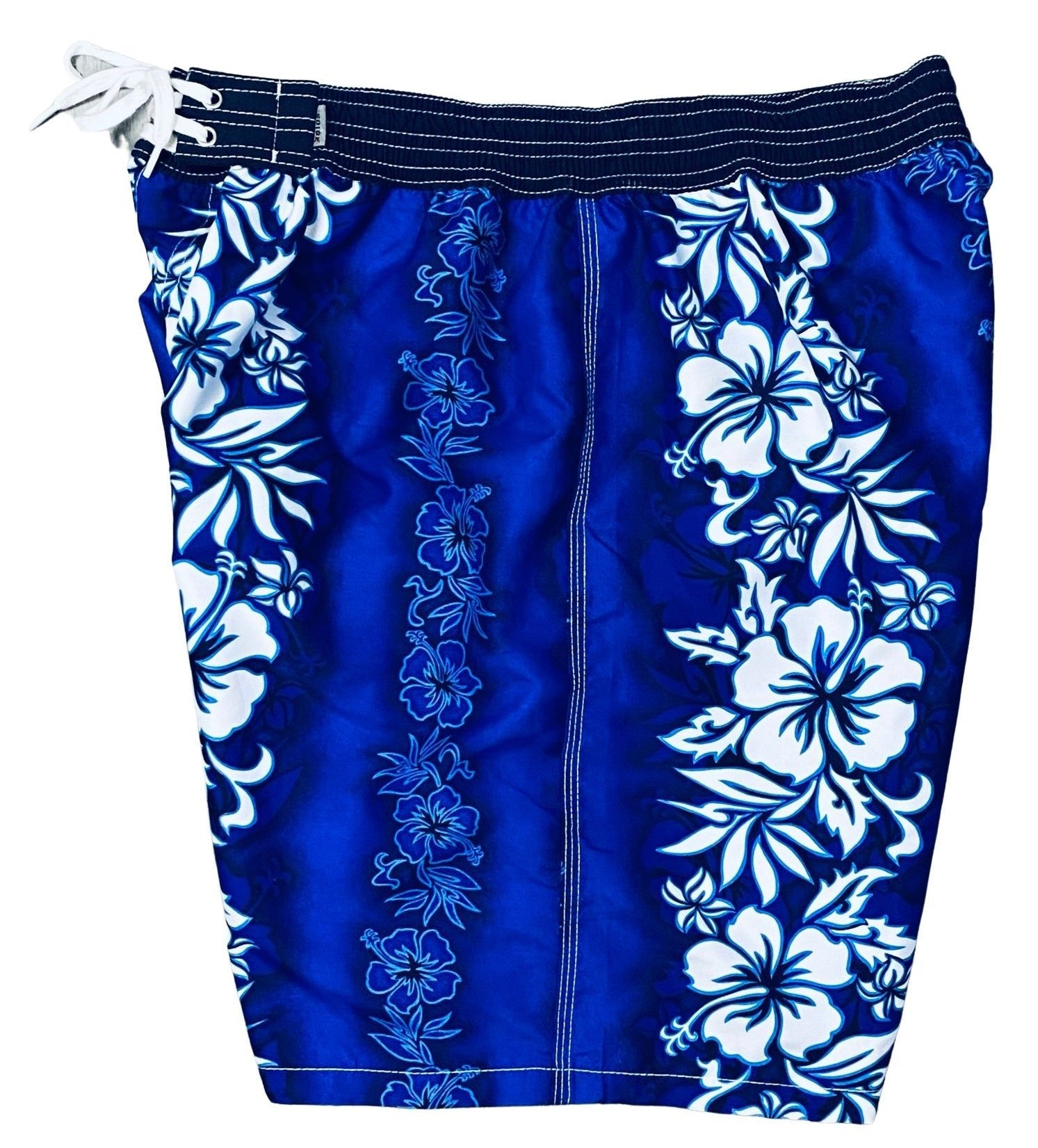 "Conga Line" (Blue) Mens Elastic Waist Board Shorts - 8" Inseam w/ Back Pocket - Board Shorts World Outlet