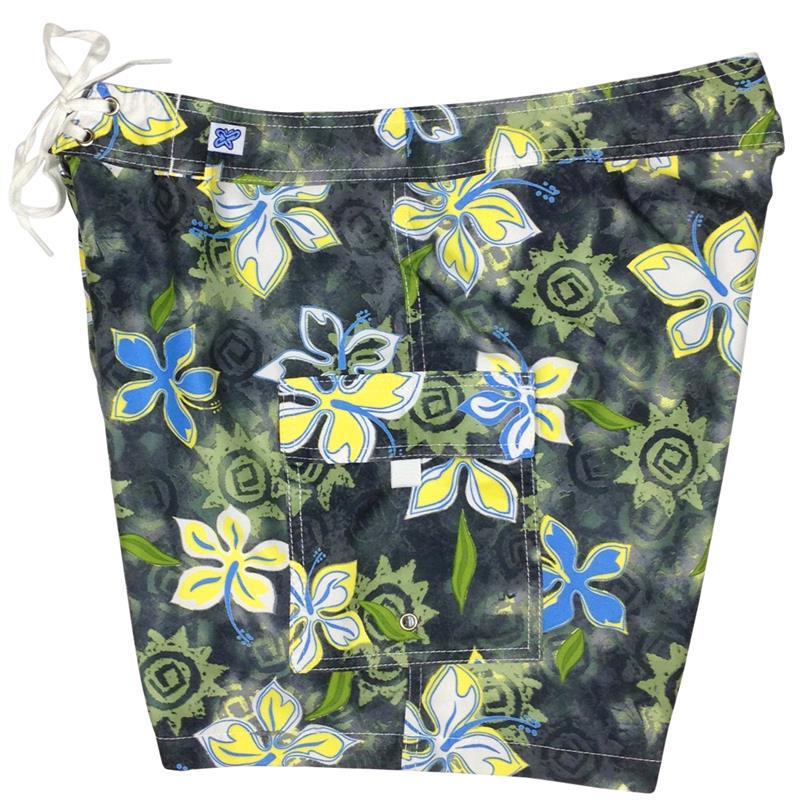 "Desert Bloom" (Charcoal + Yellow) 7" Womens Cargo + Back Pocket Board Shorts - Board Shorts World Outlet