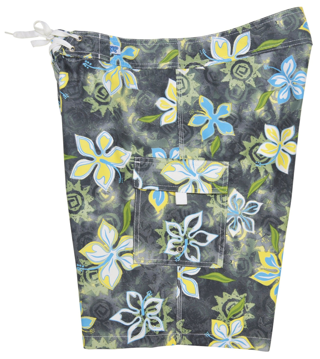 "Desert Bloom" (Charcoal + Yellow) Womens Board/Swim Shorts - 10.5" - Board Shorts World Outlet