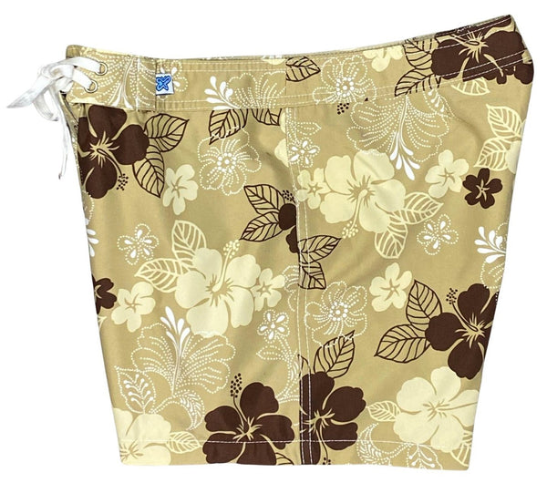 "Dew Drops" 5" Womens Back Pocket Board Shorts (Tan) - Board Shorts World Outlet