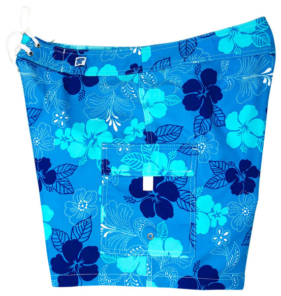 "Dew Drops" (Blue) 7" Womens Cargo + Back Pocket Board Shorts - Board Shorts World Outlet