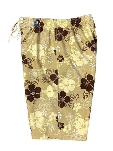 "Dew Drops" (Tan) Womens Elastic Waist Swim Board Shorts. REGULAR Rise + 11" Inseam - Board Shorts World Outlet