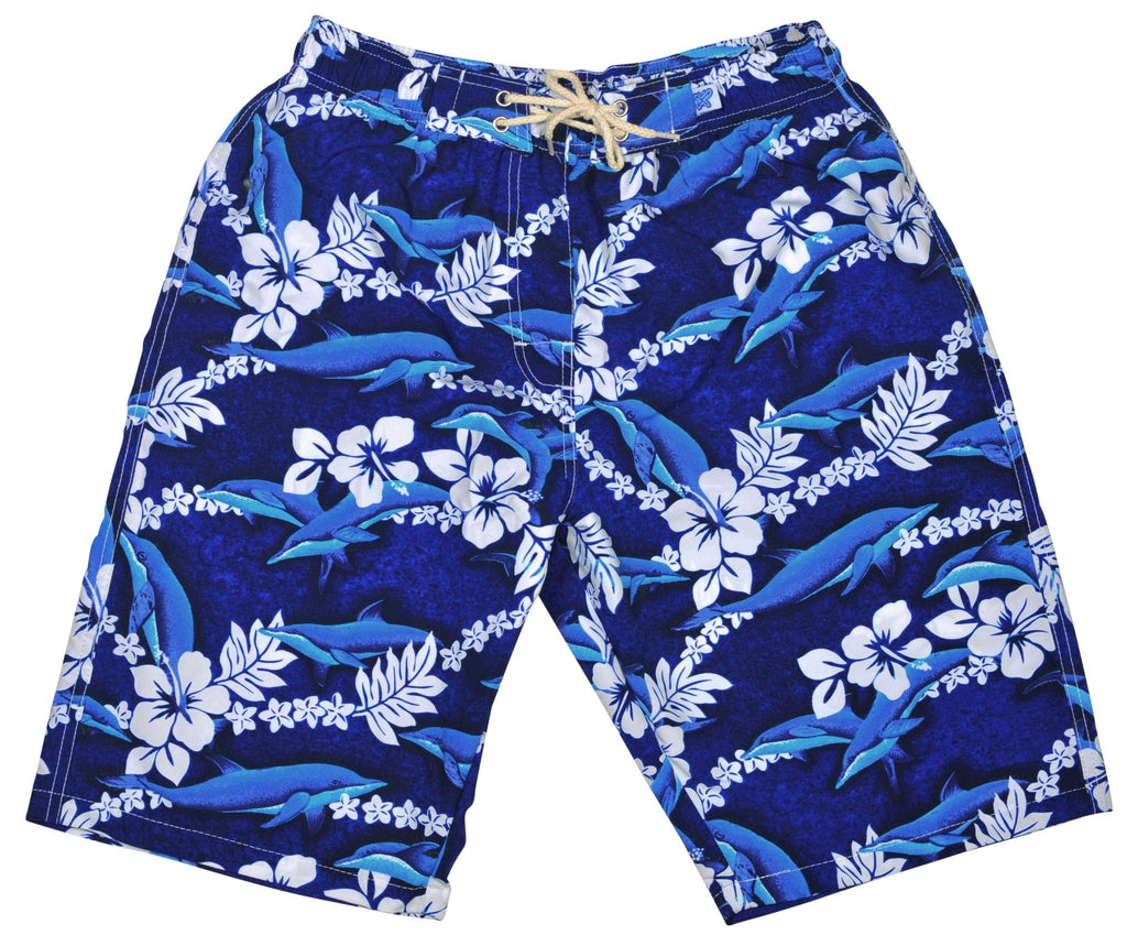 "Fins" (Blue) Womens Elastic Waist Swim Board Shorts. REGULAR Rise + 11" Inseam - Board Shorts World Outlet
