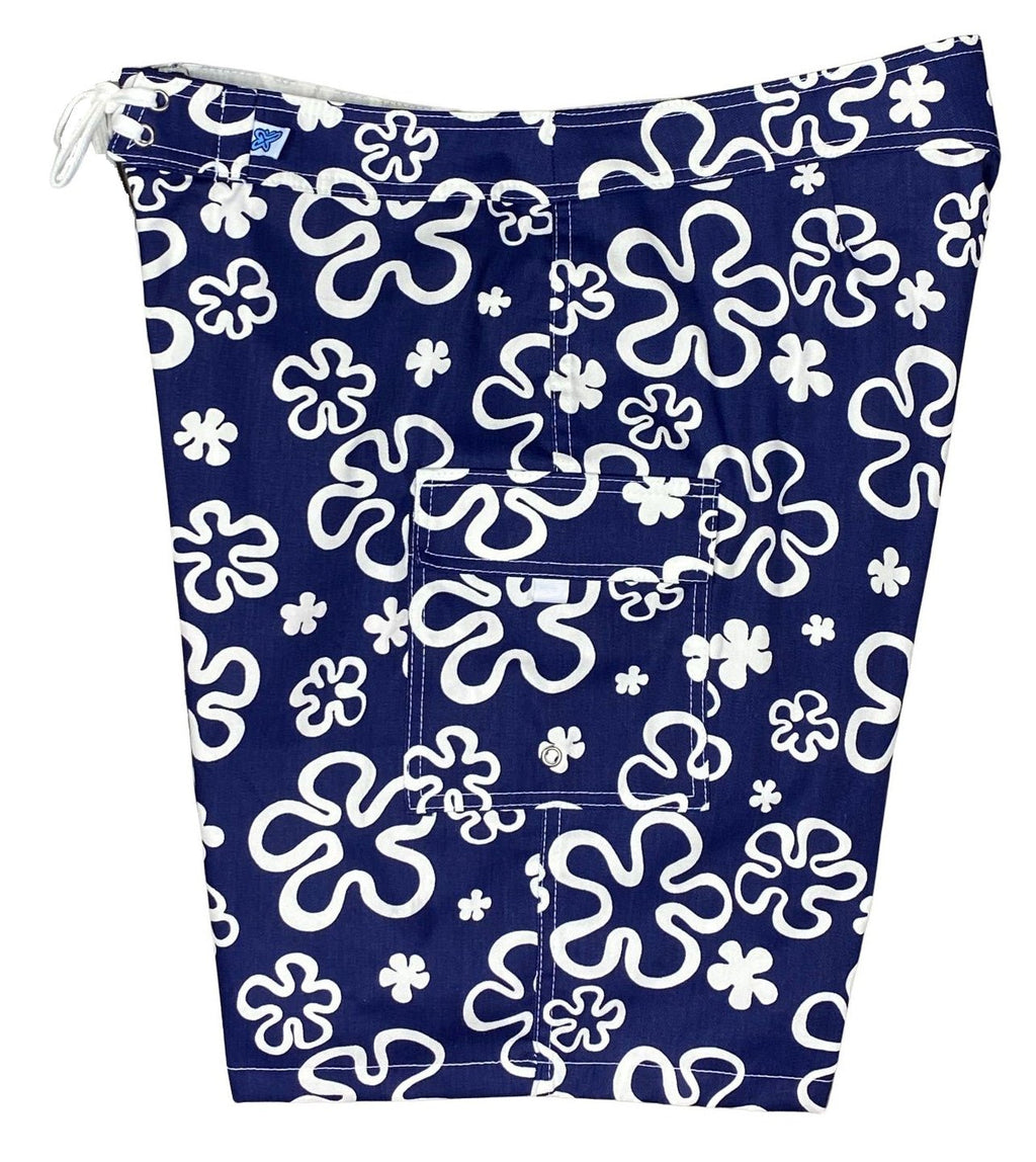 "Flower Power" (Blue) Womens 100% Cotton Canvas Board/Swim Shorts - 10.5" - Board Shorts World Outlet