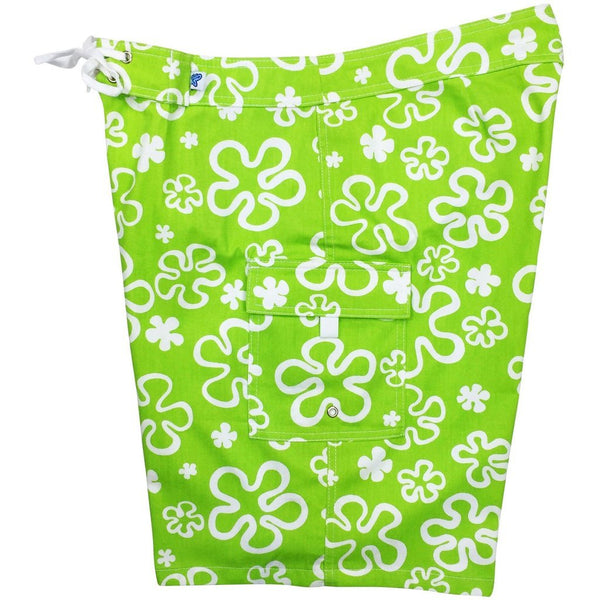 "Flower Power" (Green) Womens 100% Cotton Canvas Board/Swim Shorts - 10.5" - Board Shorts World Outlet
