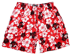 "Jungle Boogie" (Red) Swim Trunks (with mesh liner / side pockets) - 6.5" Mid Length - Board Shorts World Outlet