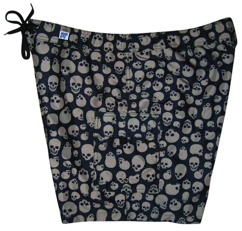 "Live to Ride" Skulls Print (Black/Charcoal) 7" Womens Cargo + Back Pocket Board Shorts - Board Shorts World Outlet