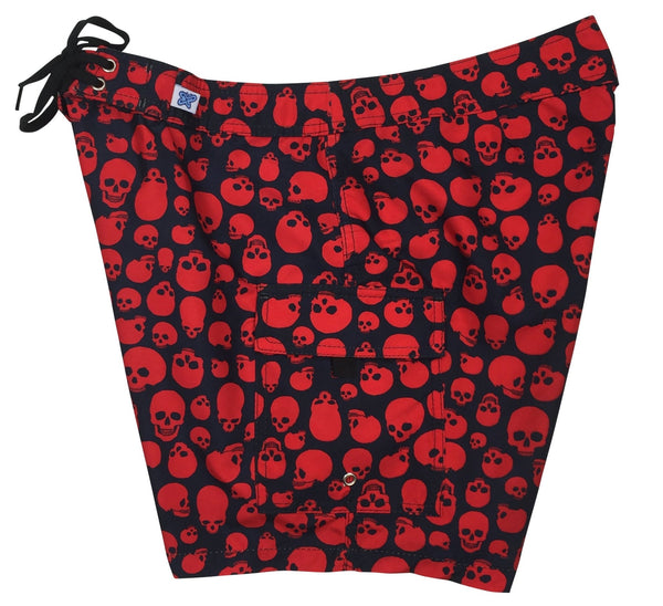 "Live to Ride" Skulls Print (Black/Red) 7" Womens Cargo + Back Pocket Board Shorts - Board Shorts World Outlet