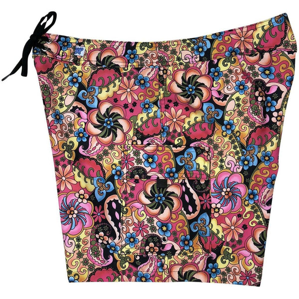 "Lucy in the Sky" (Black) 7" Womens Cargo + Back Pocket Board Shorts - Board Shorts World Outlet