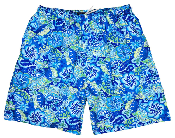 "Lucy in the Sky" (Blue) Swim Trunks (with mesh liner / side pockets) - 6.5" Mid Length - Board Shorts World Outlet