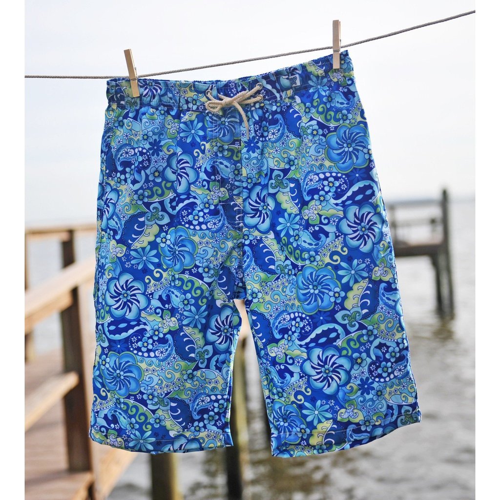 "Lucy in the Sky" (Blue) Womens Elastic Waist Swim Board Shorts. REGULAR Rise + 11" Inseam - Board Shorts World Outlet
